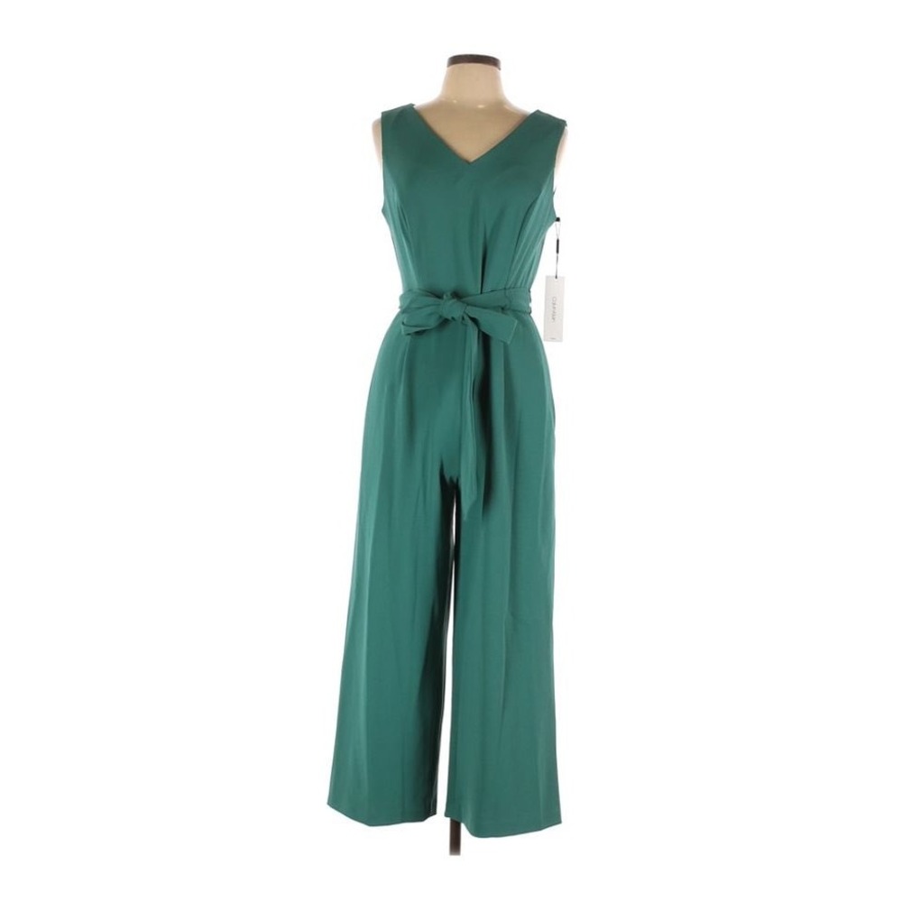 Calvin Klein Womens Green V-Neck Sleeveless Wide Leg Belted Jumpsuit Size 2